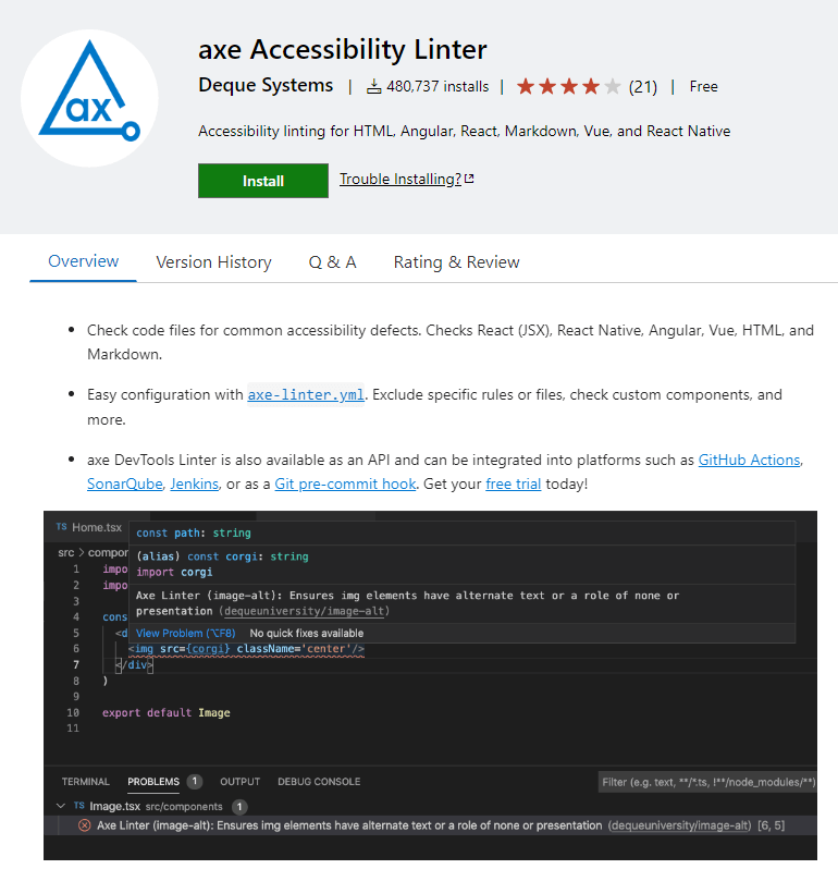 VS Code extensions axe Accessibility Linter