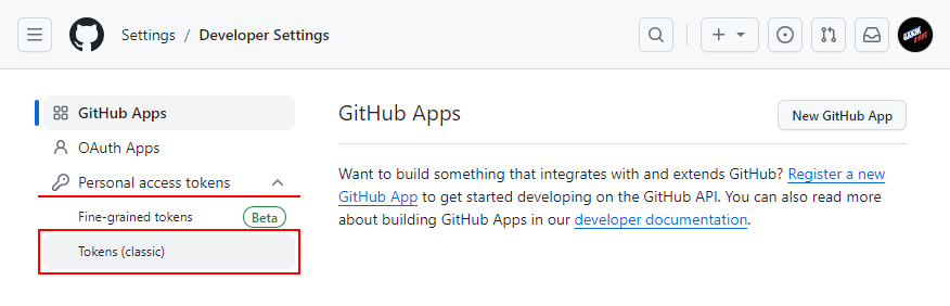 Personal access tokens 클릭 후 Tokens (classic) 클릭