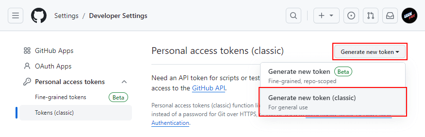 Generate new token 버튼 클릭 후 Generate new token (classic) 클릭